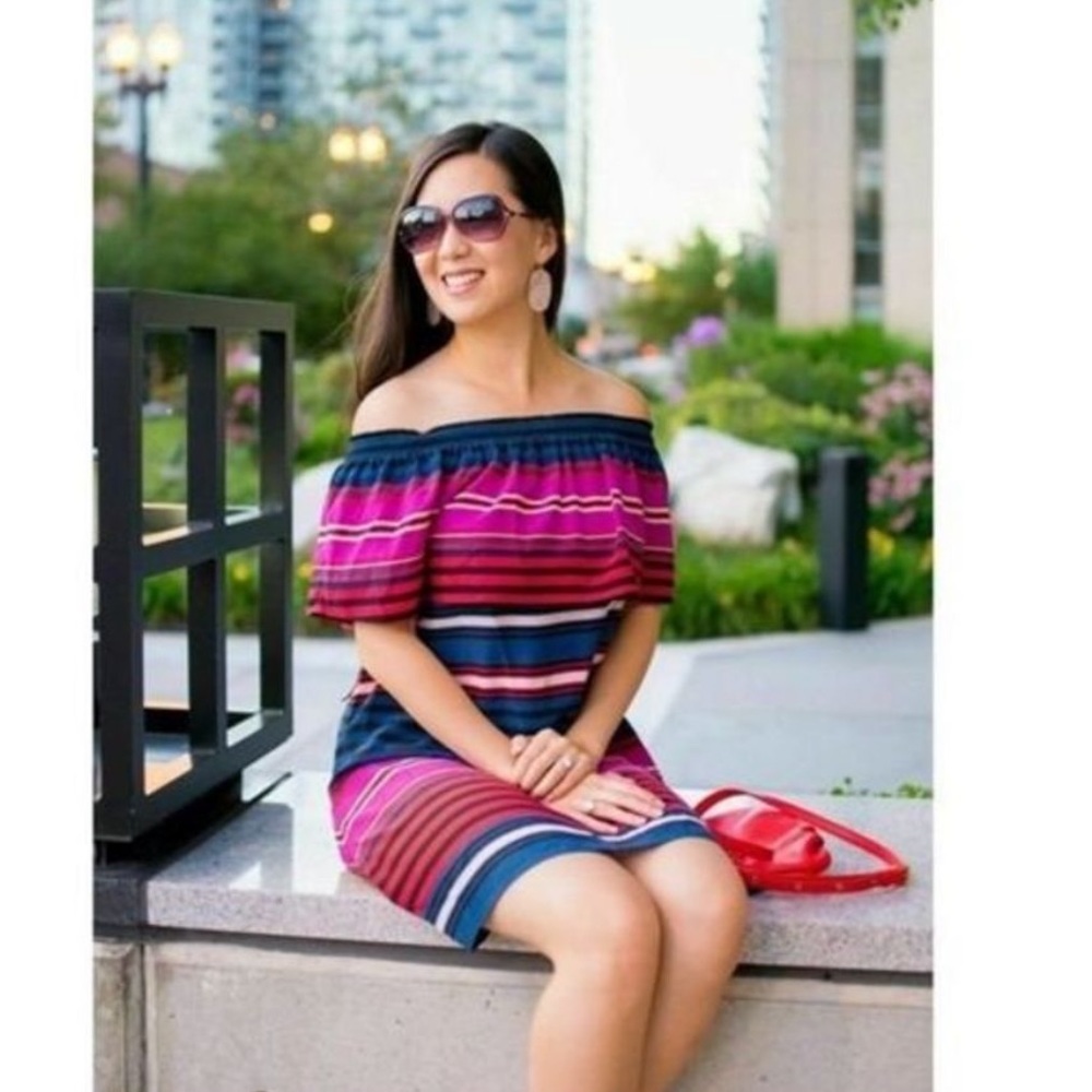 Joie Arla Navy with colored stripes Silk Off The Shoulder Dress Large